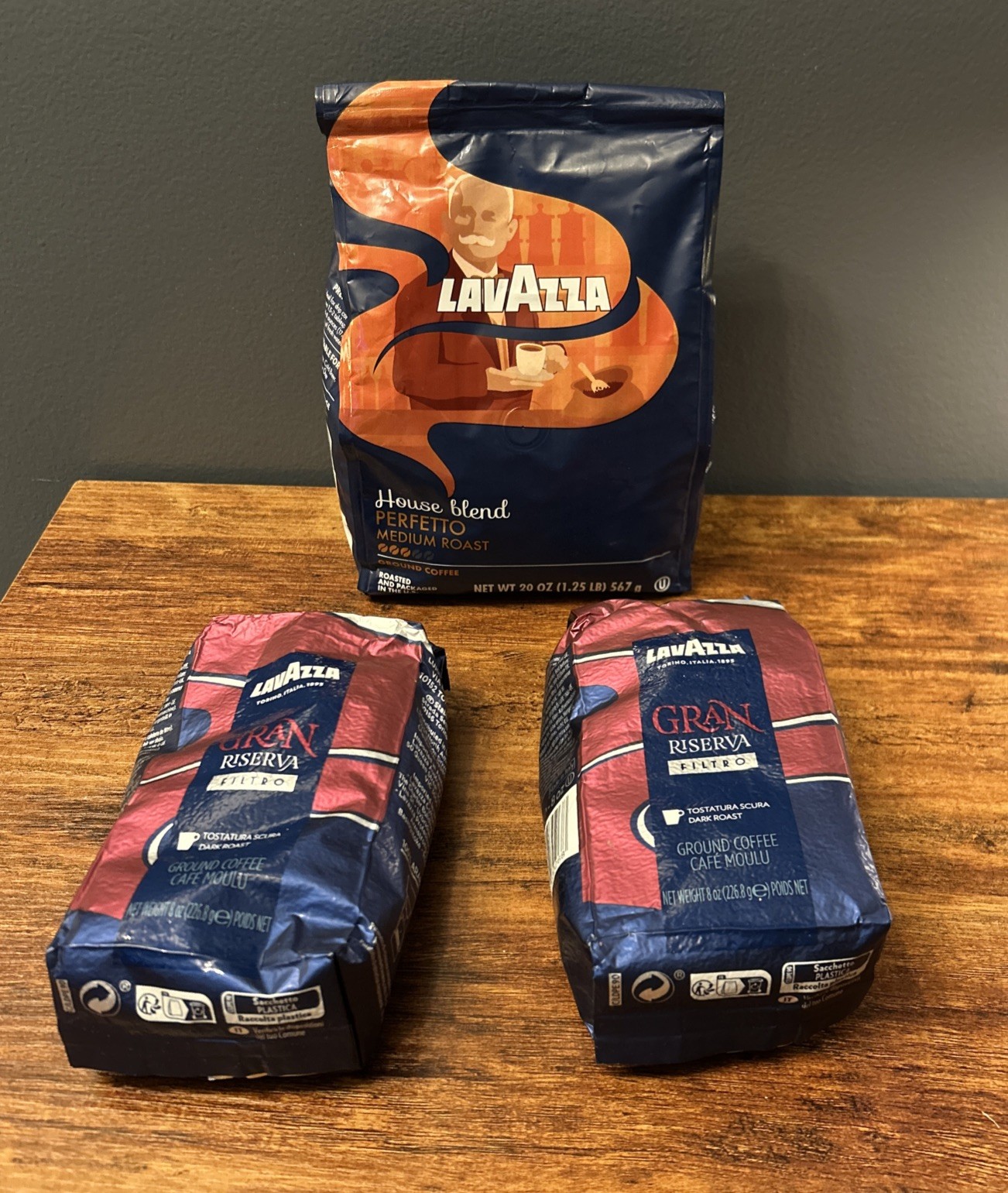 Lot of 3 Lavazza Ground Coffee Bags – House Blend & Gran Riserva Dark Roast