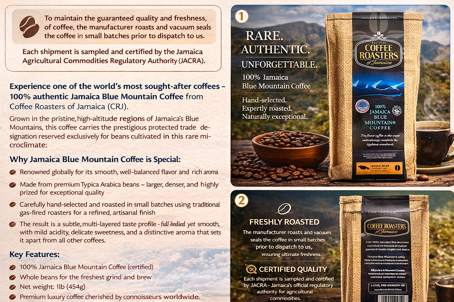 Coffee Roasters of Jamaica Blue Mountain coffee Roasted Whole Beans (1lb, 454g)