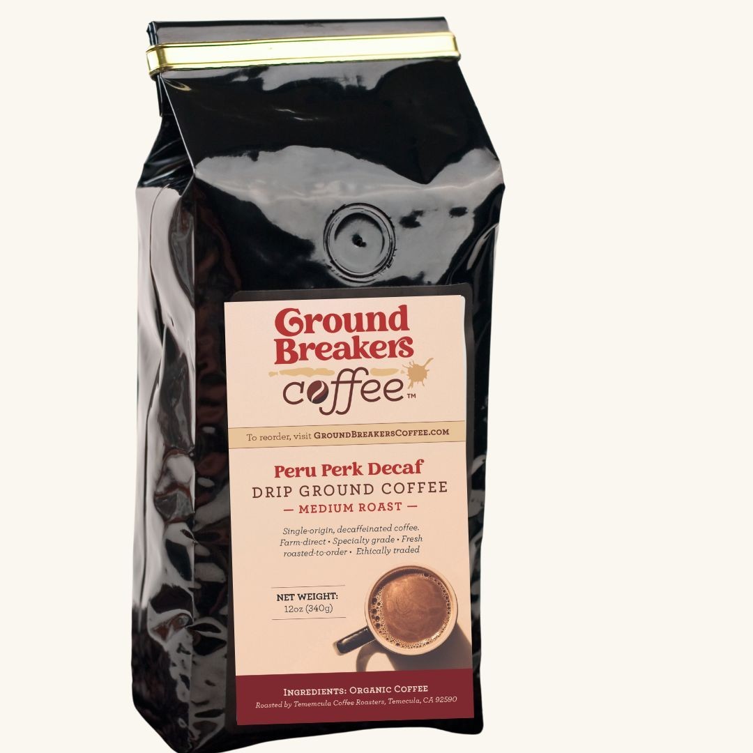 GroundBreakers Coffee Peru Perk Decaf Medium Roast Drip Specialty Grade 12 oz