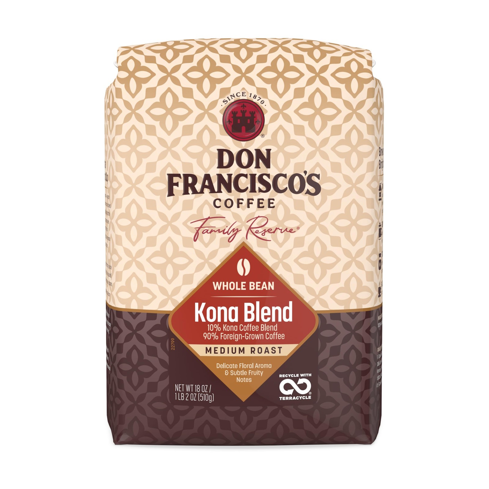 Don Francisco’s Kona Blend Whole Bean Coffee, 18 OZ Bag, Medium Roast