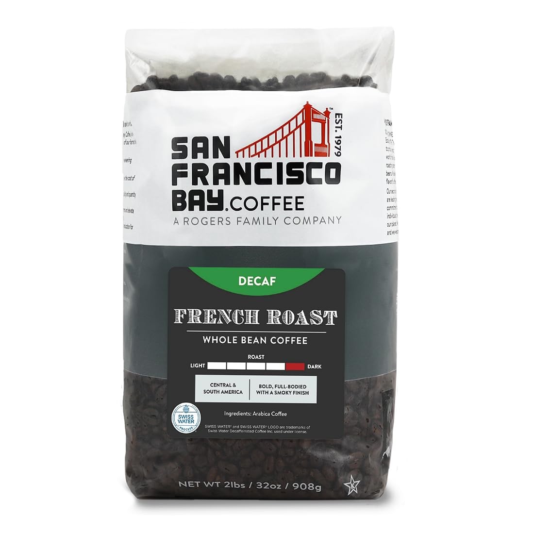 Decaf Dark Roast Whole Bean Coffee – Swiss Water Processed – 2 lb Bag