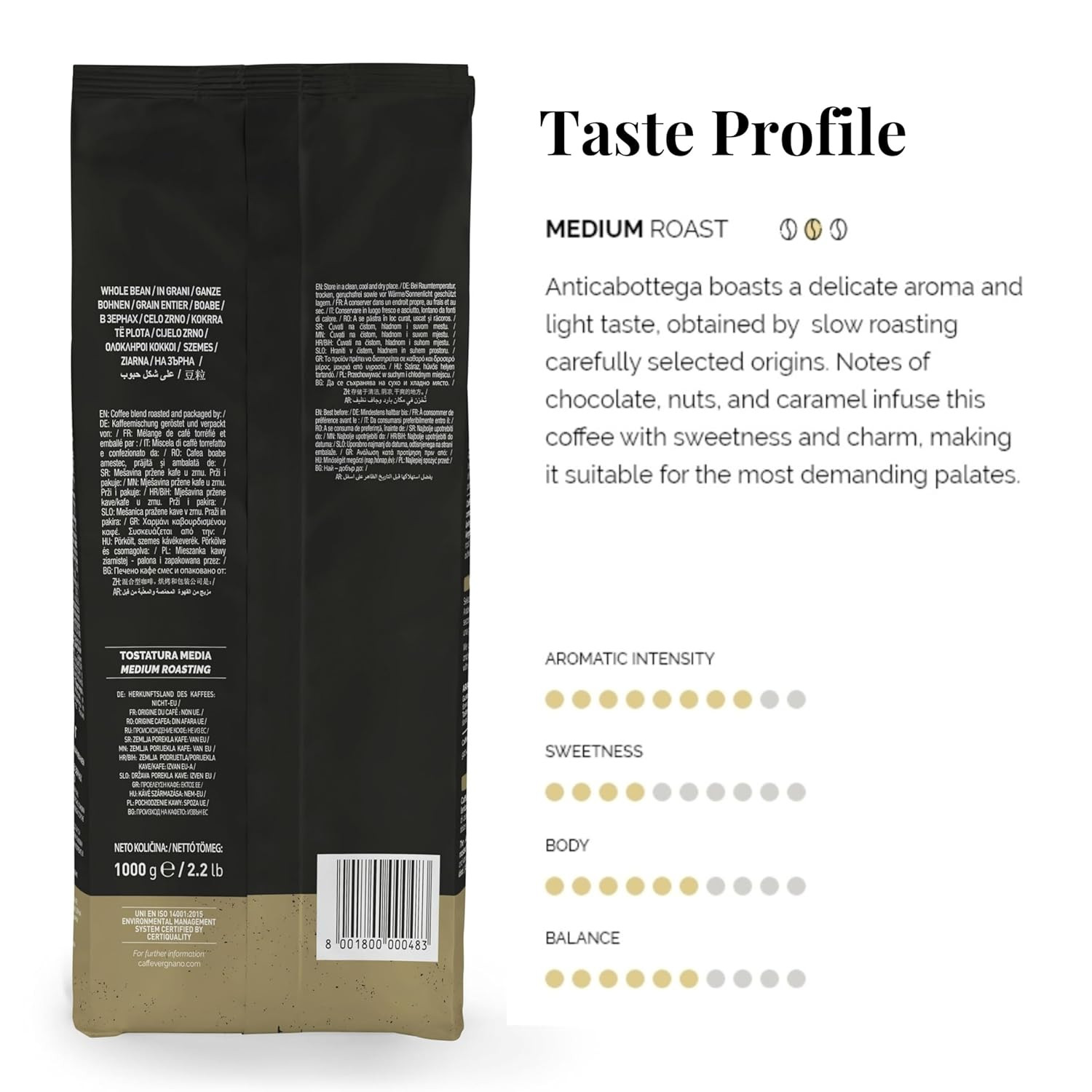 Caffe Vergnano 1882 Whole Bean Arabica Espresso 2.2 lbs – 2 Pack