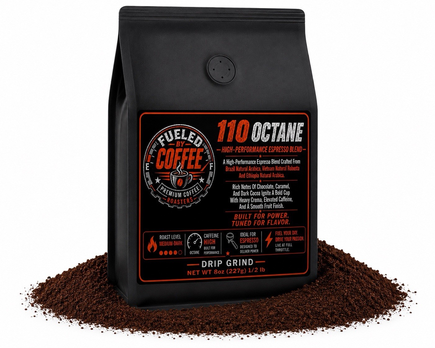 FUELED BY COFFEE 110 Octane High-Performance Espresso Blend 8oz Bag Drip Grind