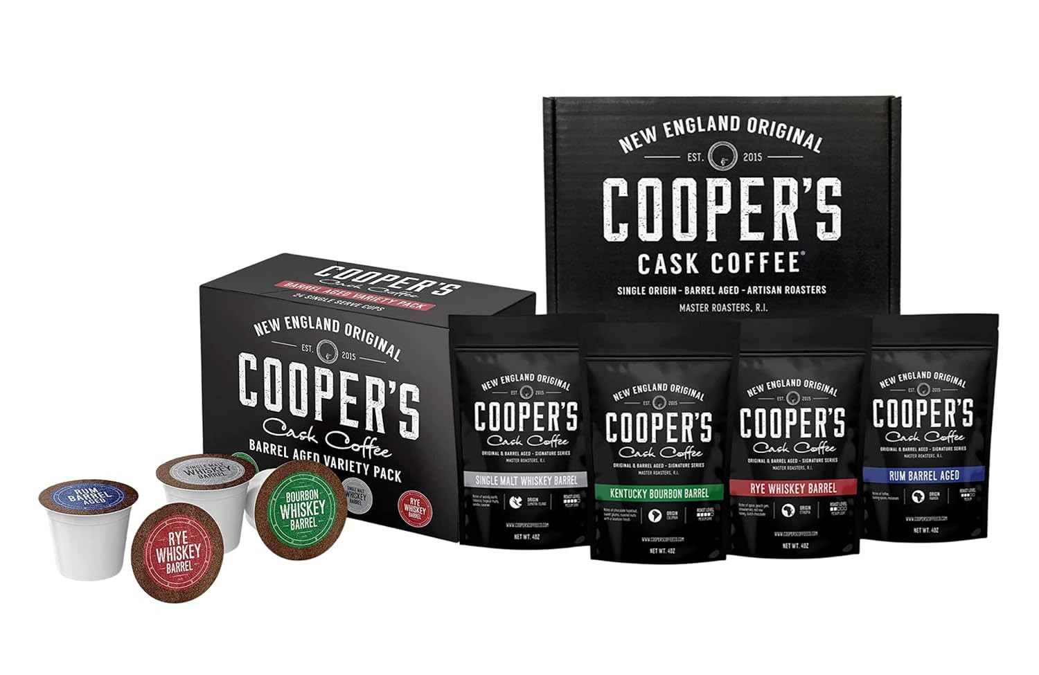 Bourbon Barrel Aged Coffee Set – 4oz Beans & 24ct Variety Pack