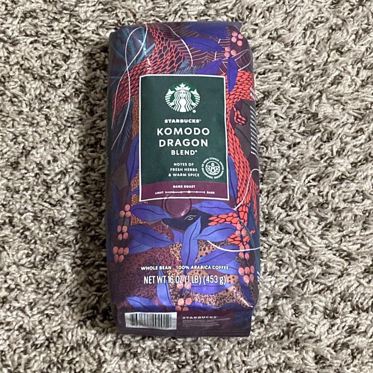 Starbucks Komodo Dragon Dark Roast Whole Bean Coffee 1lb / 16oz / 453g Bag