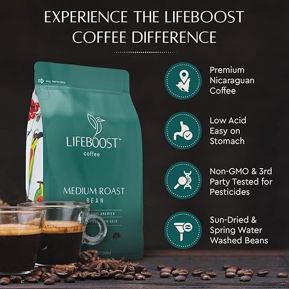 Lifeboost Organic Coffee Beans Medium Roast 12oz | Low Acid Single Origin Whole