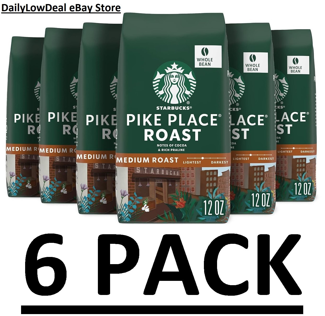 STARBUCKS PIKE PLACE MEDIUM ROAST WHOLE BEAN COFFEE 12oz BAG (6 PACK)