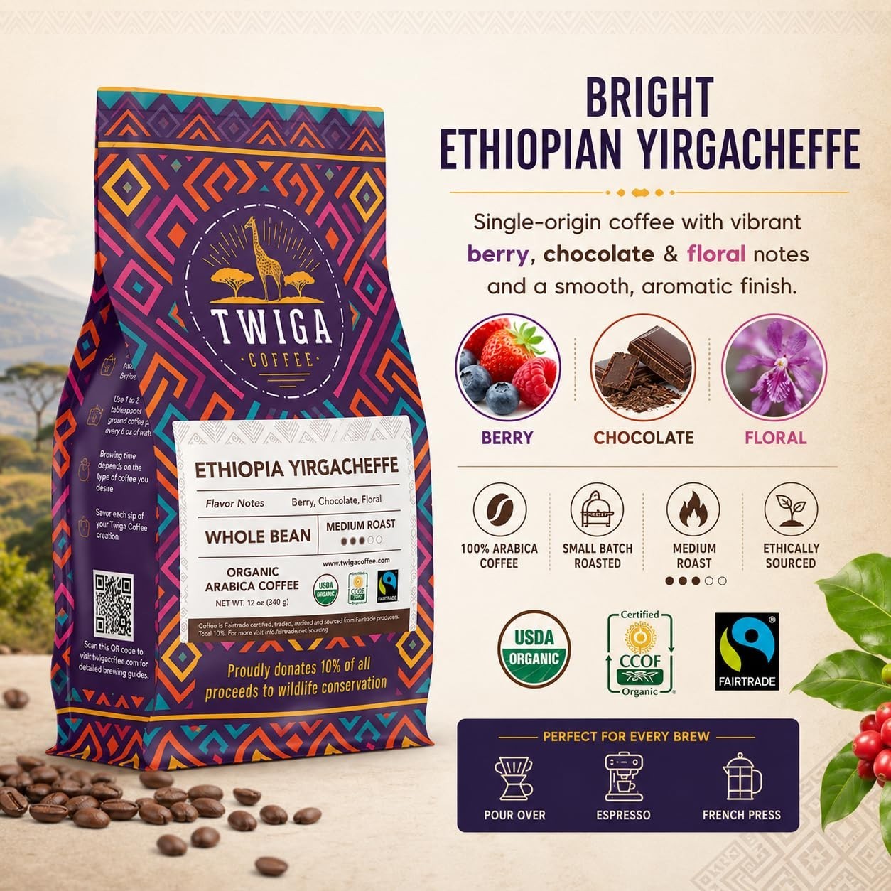 Twiga Ethiopia Yirgacheffe Whole Bean Coffee Organic Fairtrade 12 oz Medium