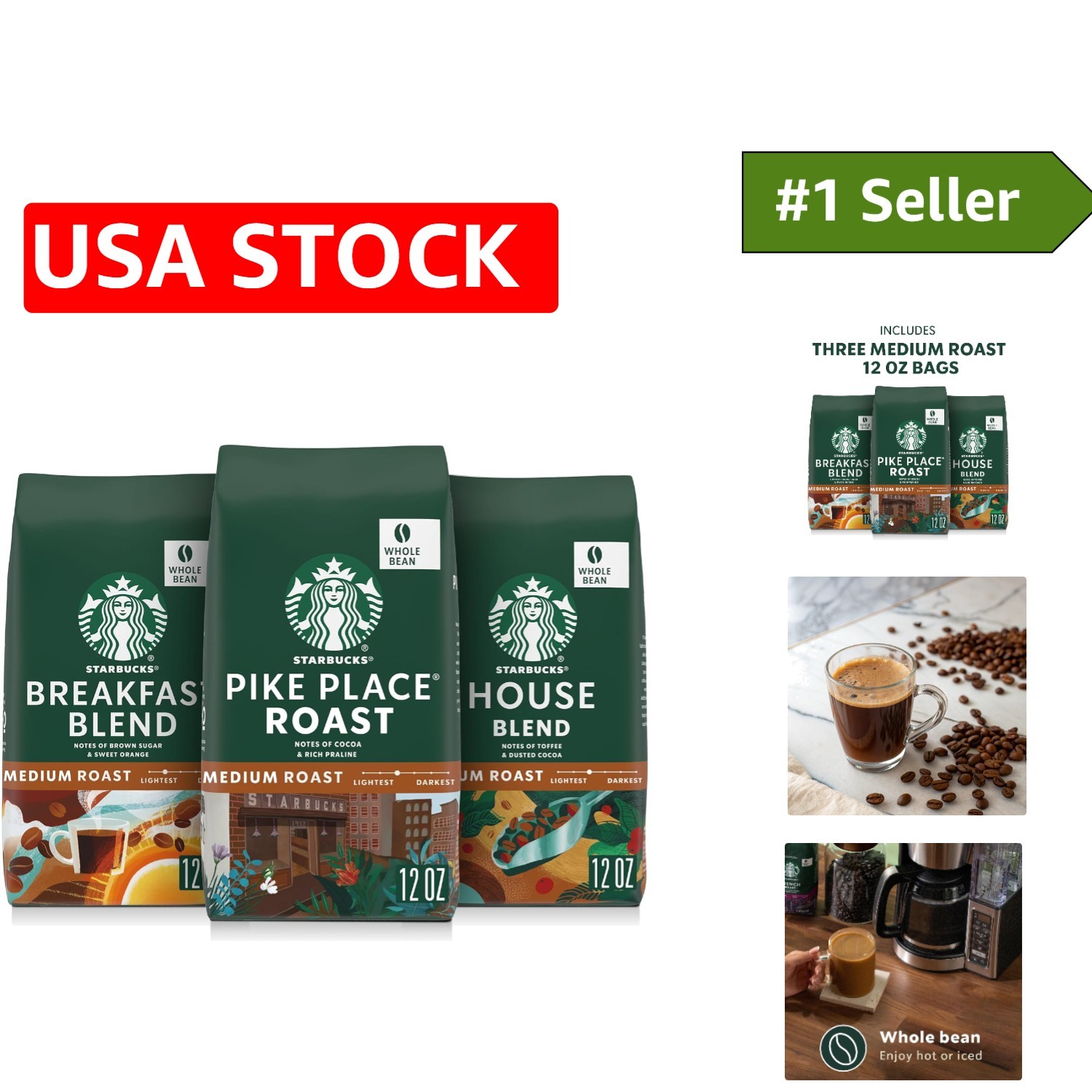 Delight in Starbucks Whole Bean Coffee Variety Pack – 36 Ounce Medium Roast