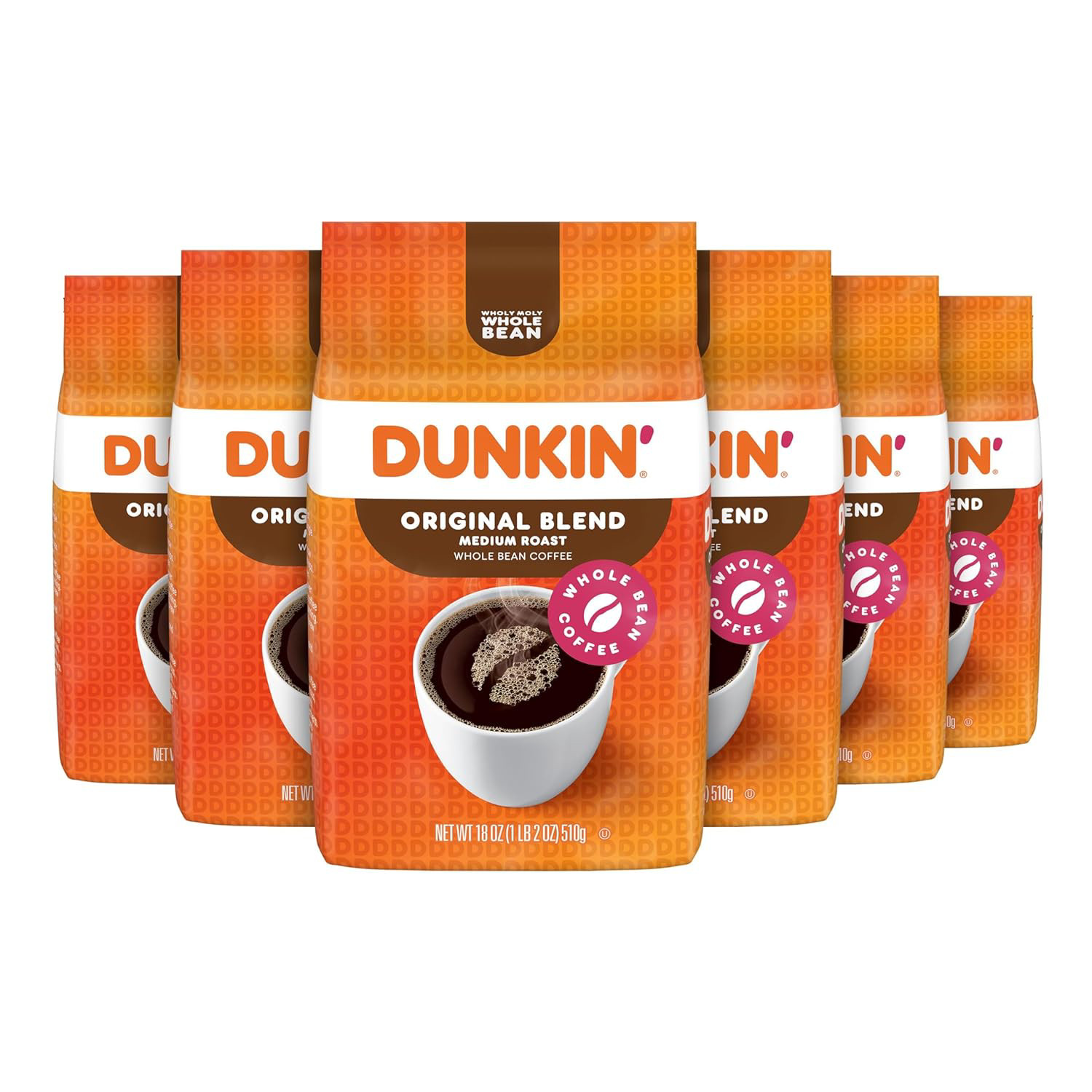 Dunkin’ Original Blend Medium Roast Whole Bean Coffee, 18 Ounce Pack of 6