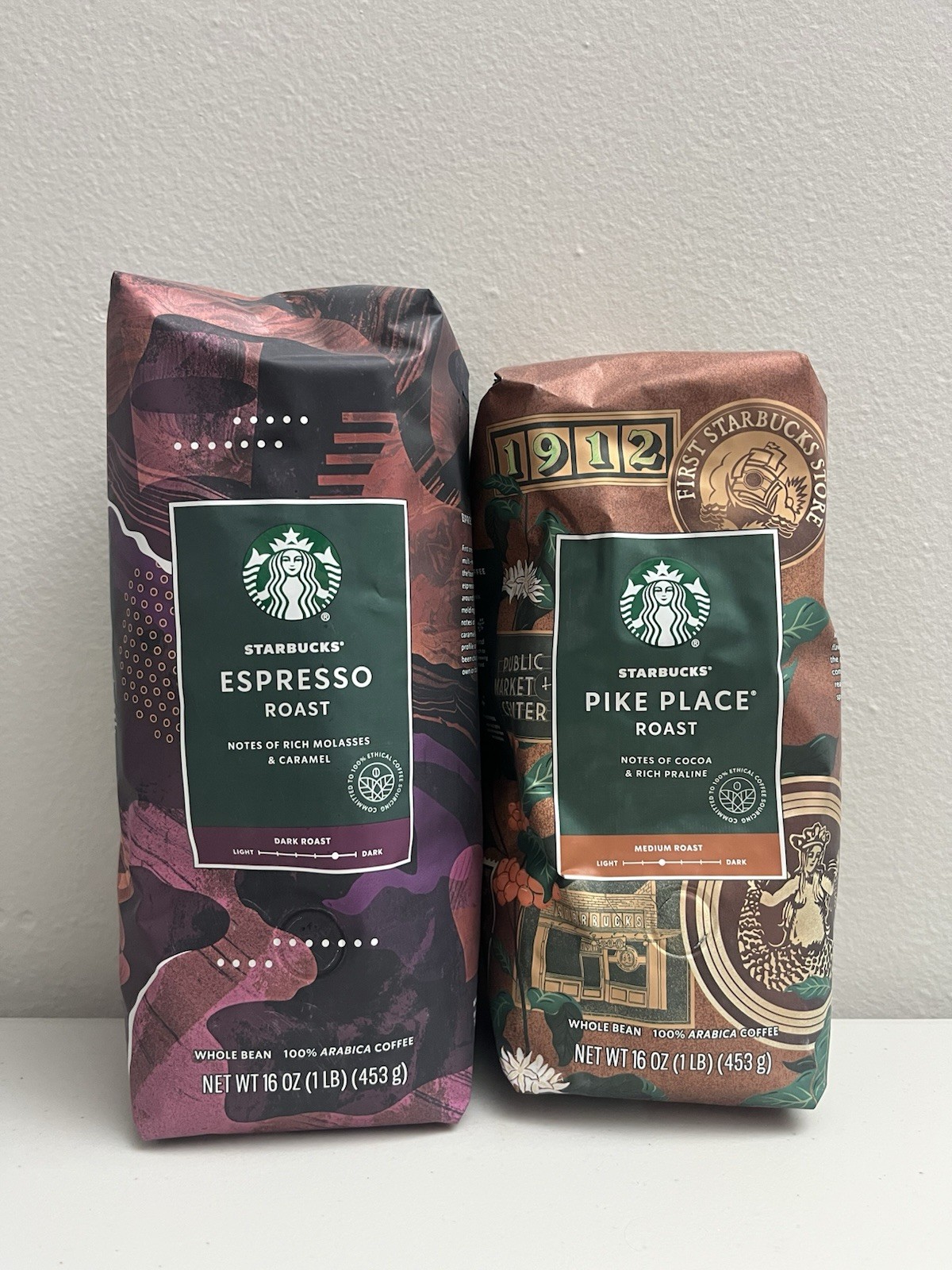 Starbucks Whole Bean Coffee 2-Bag Bundle 16oz Each Espresso Roast & Pike Place