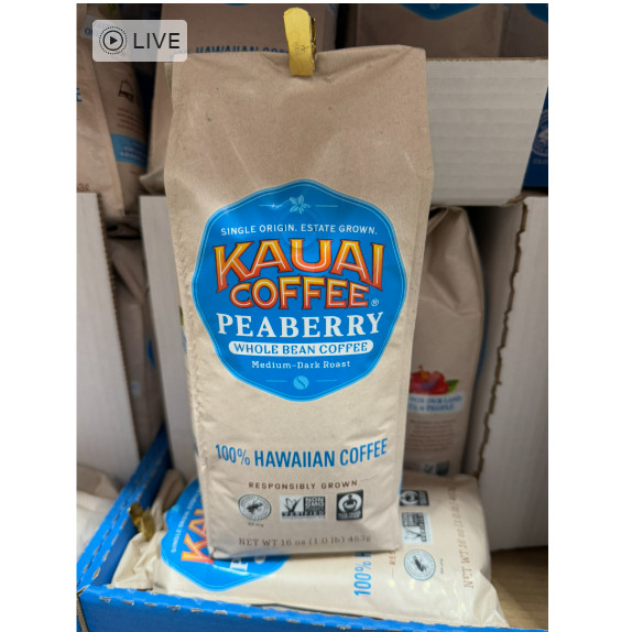 Kauai Coffee 100% Hawaiian Peaberry Whole Bean Coffee – 16 oz (1 bag)