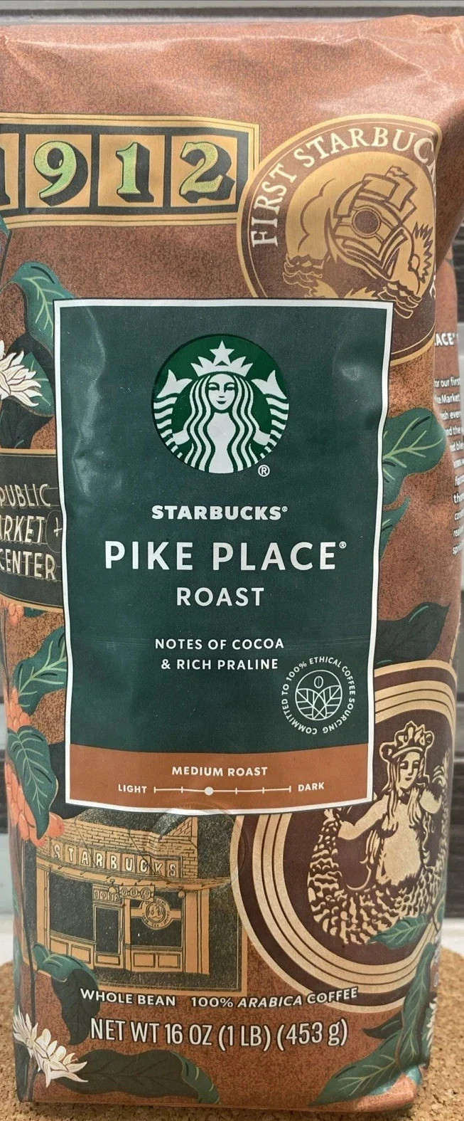 Starbucks Pike Place Whole Bean Coffee, 1lb/16oz, Medium Roast