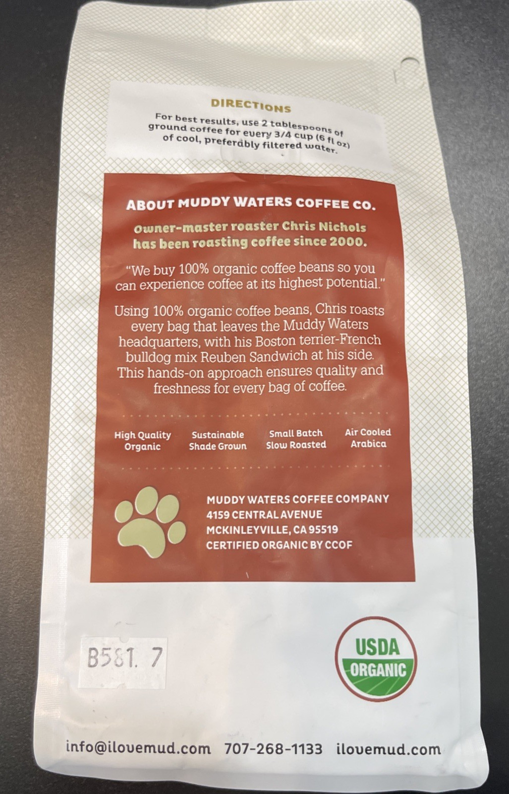 New Muddy Waters Espresso Roast Whole Bean Coffee USDA Organic 12 oz.