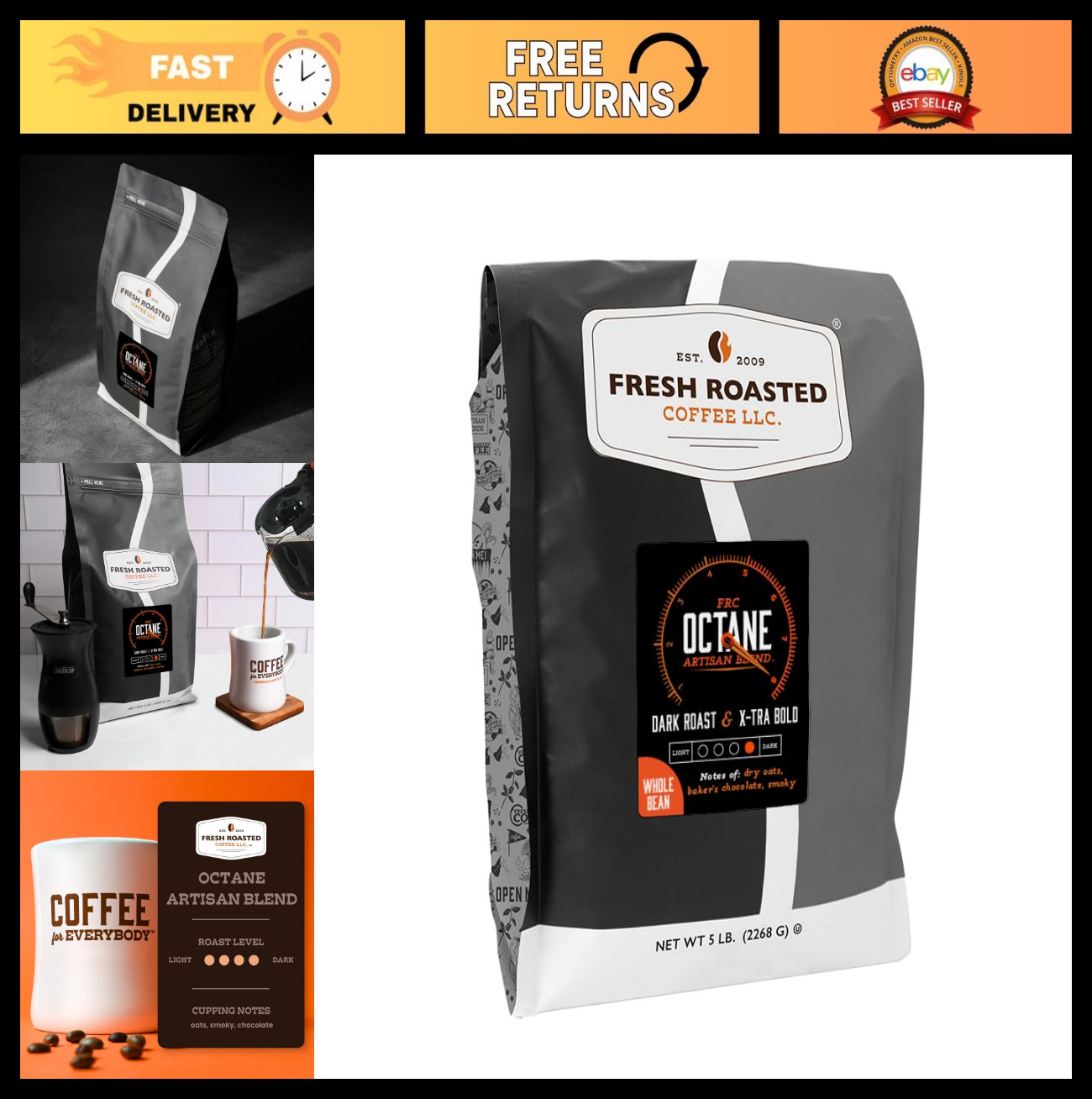 Fresh Roasted Dark Roast Whole Bean Coffee, Kosher, 5 lb Bag, Bold Flavor