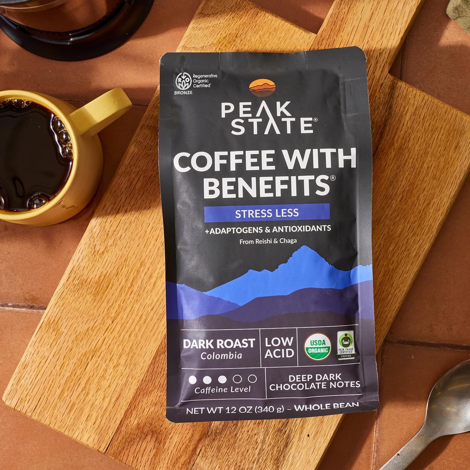 Peak State Coffee with Benefits – Mushroom Coffee Organic Beans – STRESS LESS…