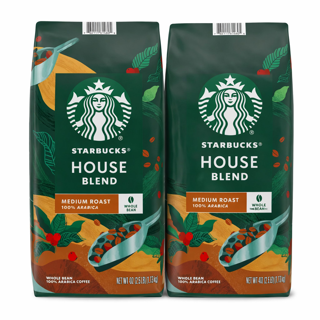 2 Packs Starbucks House Blend Medium Roast Whole Bean Coffee 40 oz Each = 80 oz