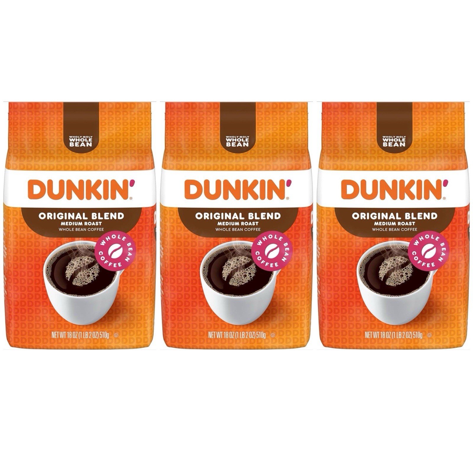 Dunkin Original Blend Medium Roast Whole Bean Coffee 3 Pack 18oz. 1LB 2 OZ EA
