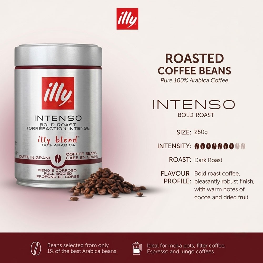 illy Intenso Whole Bean Coffee in Tin 100% Arabica Dark Roast 250g – PACK OF 6