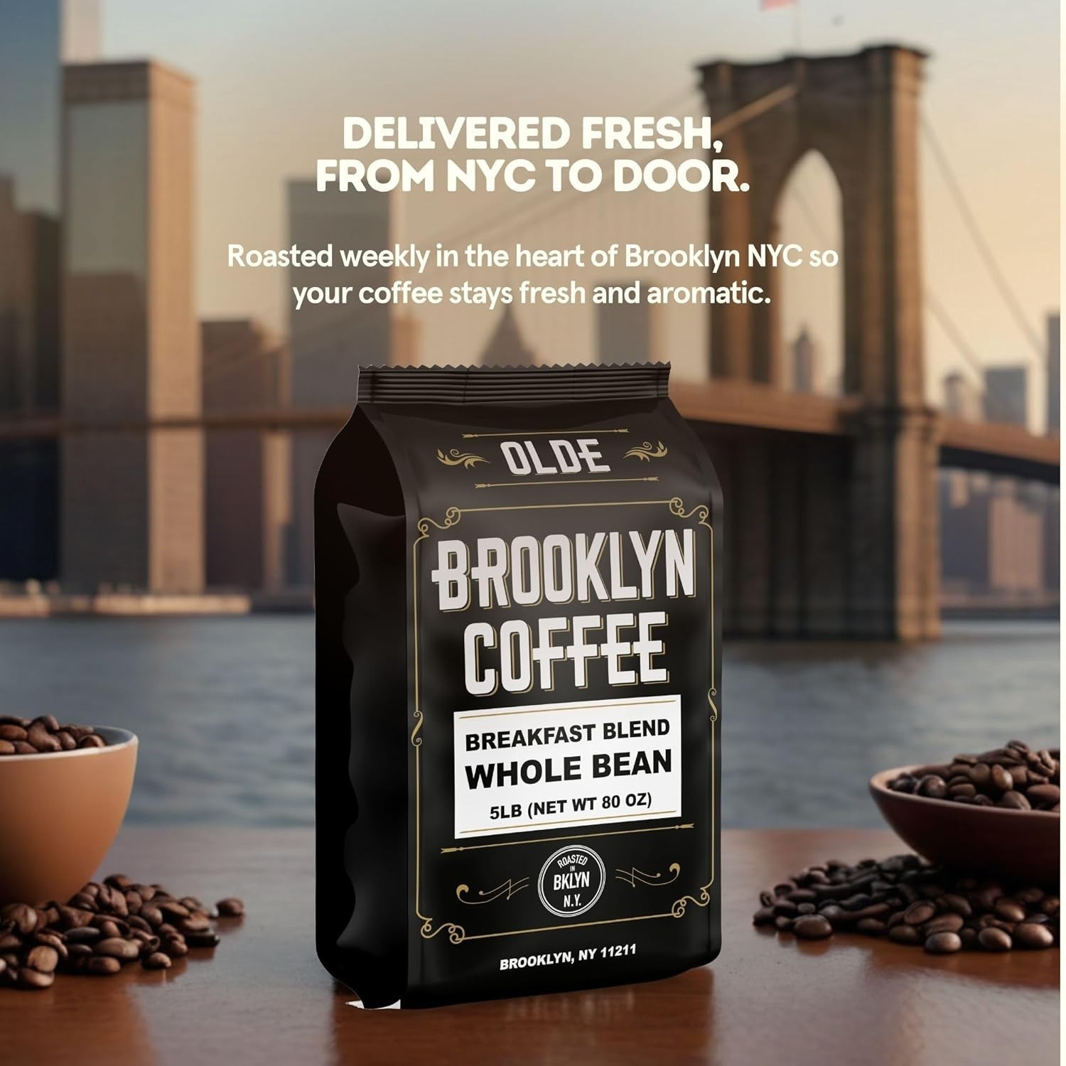 BROOKLYN COFFEE Whole Bean, Breakfast Blend Light Medium Roast 5lb Delicate, …