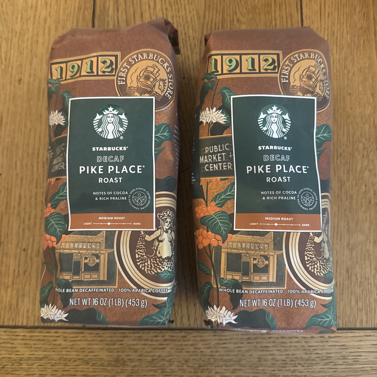 Starbucks Decaf Pike Place Lot Medium Roast Whole Bean Coffee TWO 1lb / 16oz Bag