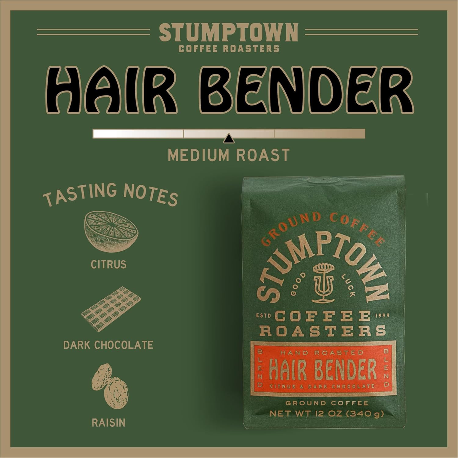 Medium Roast Ground Coffee – Hair Bender 12 Ounce Bag, Flavor Notes of Citrus