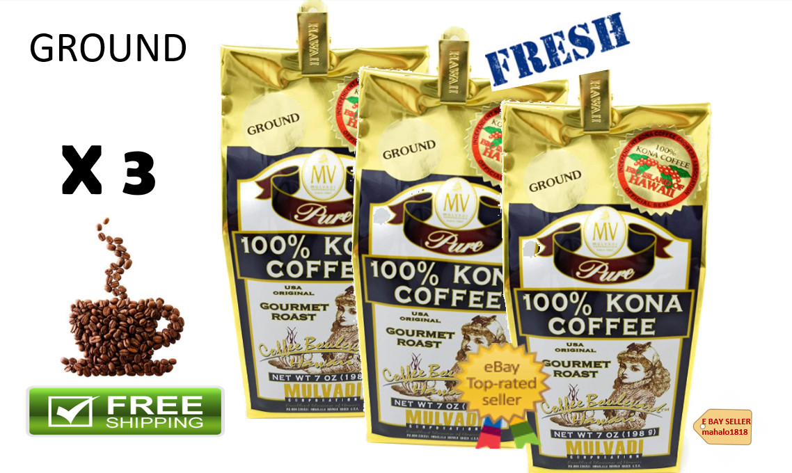 3 BAGS FRESH – Mulvadi 100% KONA COFFEE GROUND 7oz Medium Dark Roast Hawaii