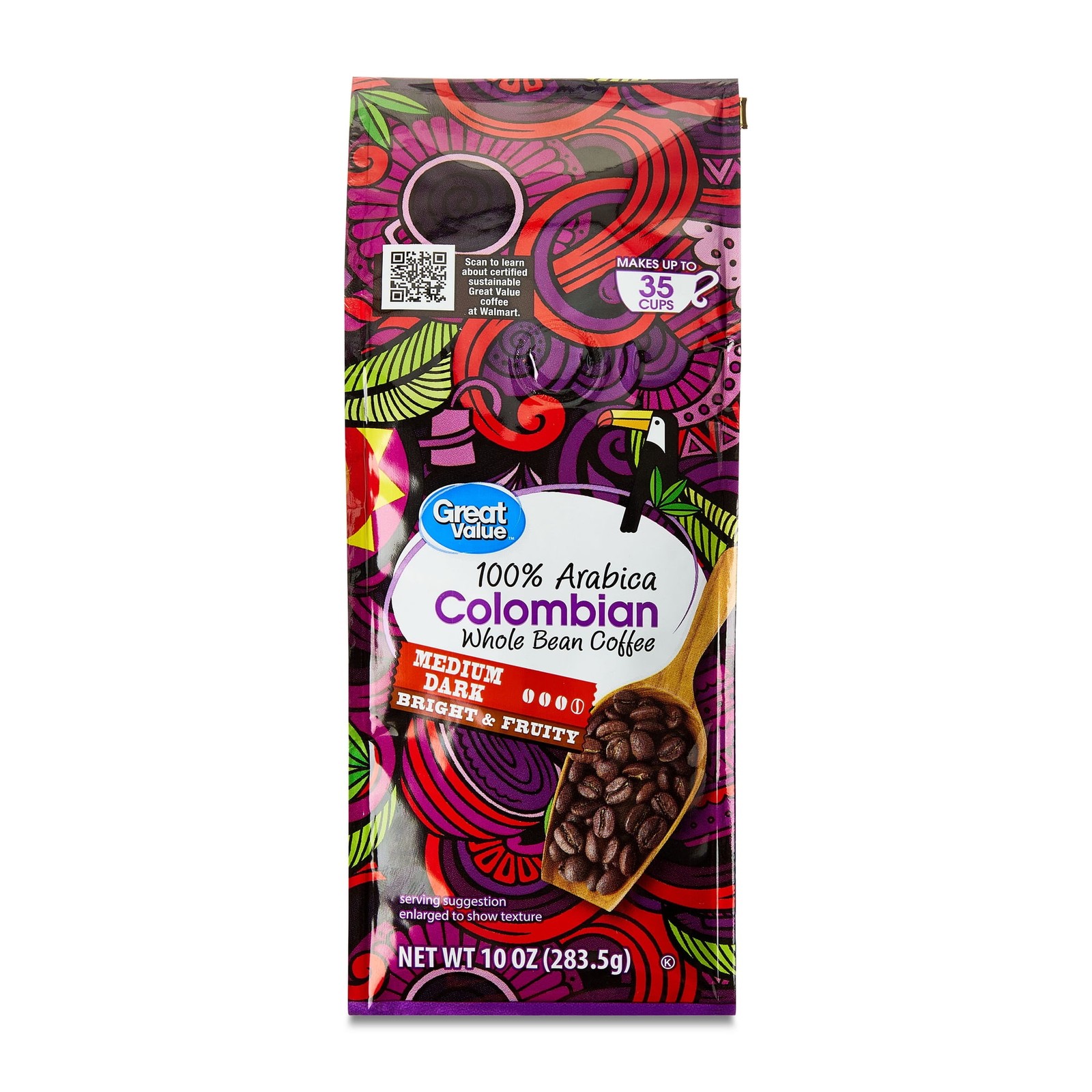 Great Value Colombian Whole Bean Coffee, Medium Dark Roast, 10 oz