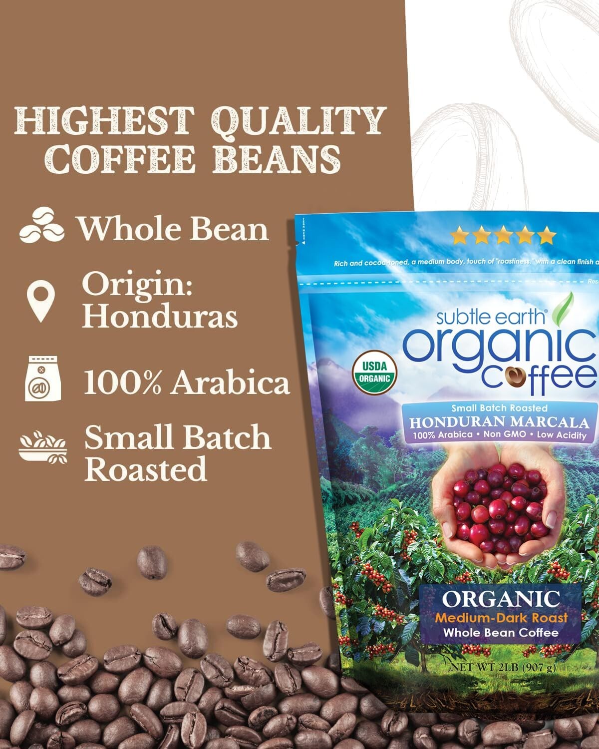 Subtle Earth Organic Coffee – Medium-Dark Roast – Whole Bean Coffee 100% Arabica