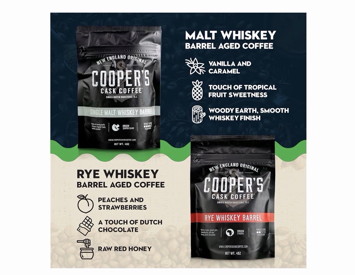 New In Box COOPERS CASK COFFEE WHISKEY BARREL AGED COFFEE SET -Whole Bean