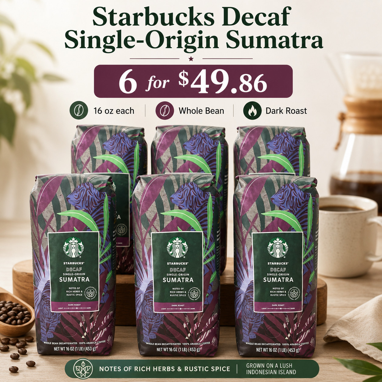 Lot of 6 Starbucks Sumatra Dark Roast Whole Bean Coffee 16 oz Bags