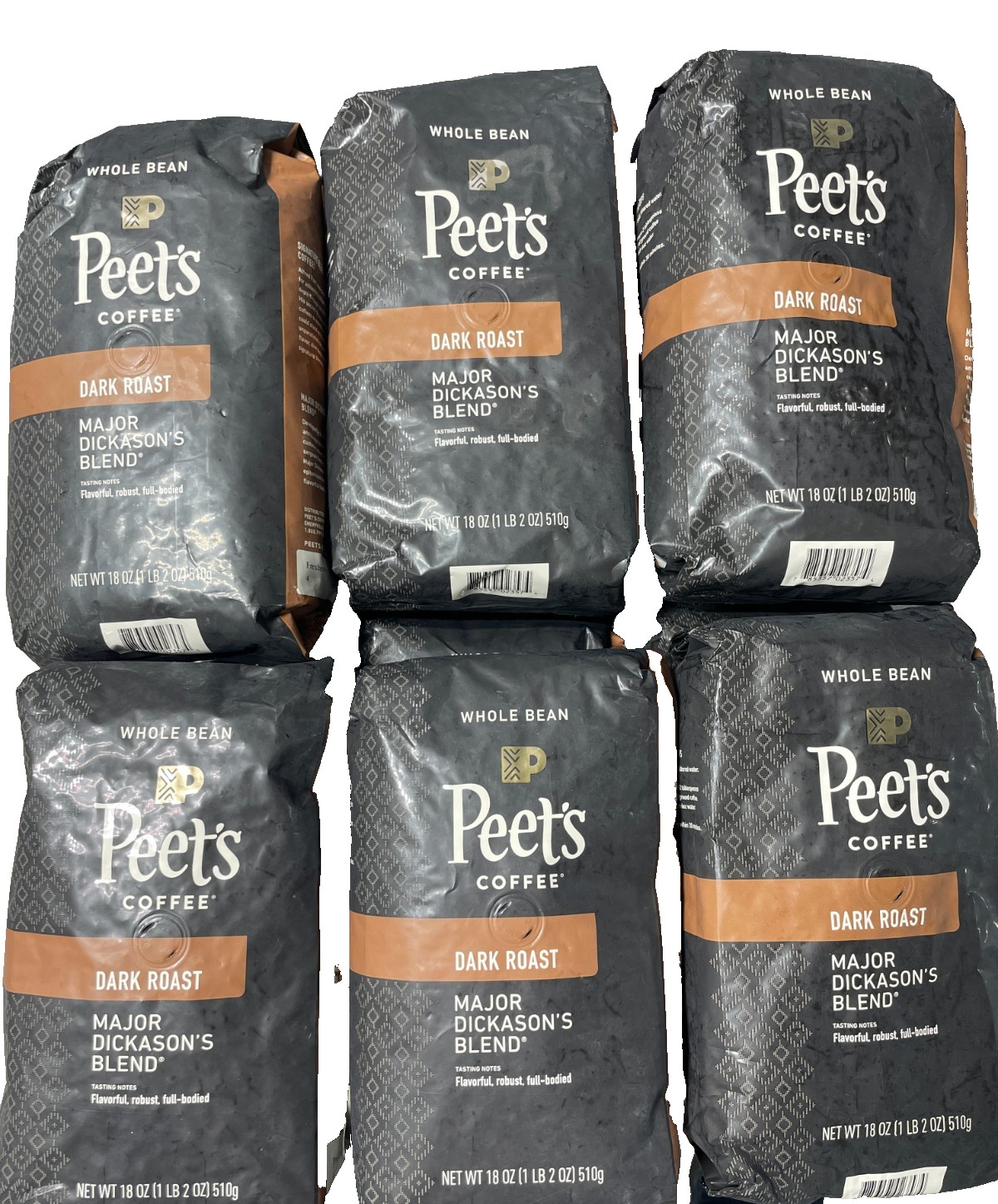 6 Peet’s Coffee Major Dickason’s Blend Dark Roast Whole Bean LOT OF 6 18 oz Bag