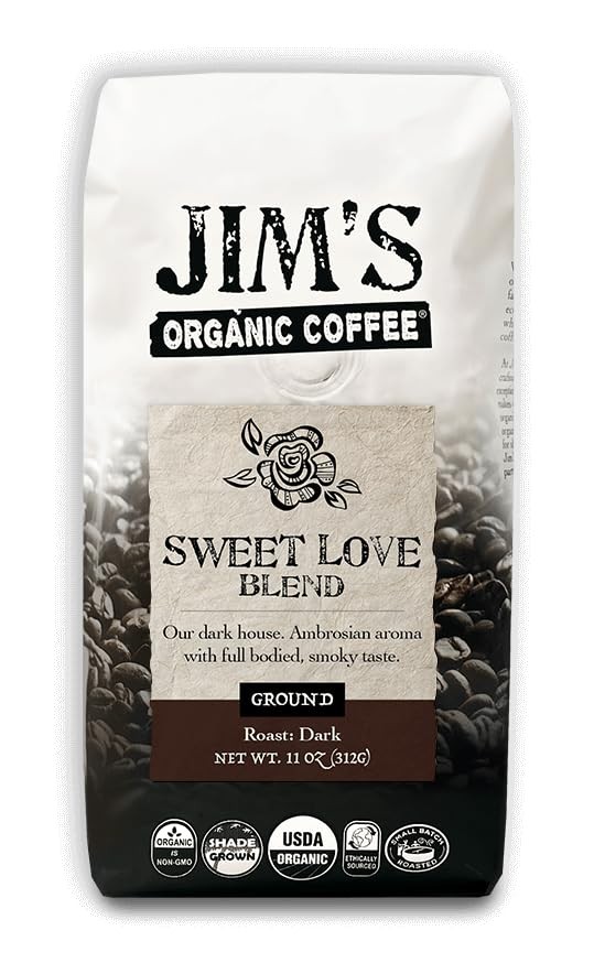 Jim’s Organic Coffee – Sweet Love Blend – Whole Bean Dark Roast Bold 11 oz Bag
