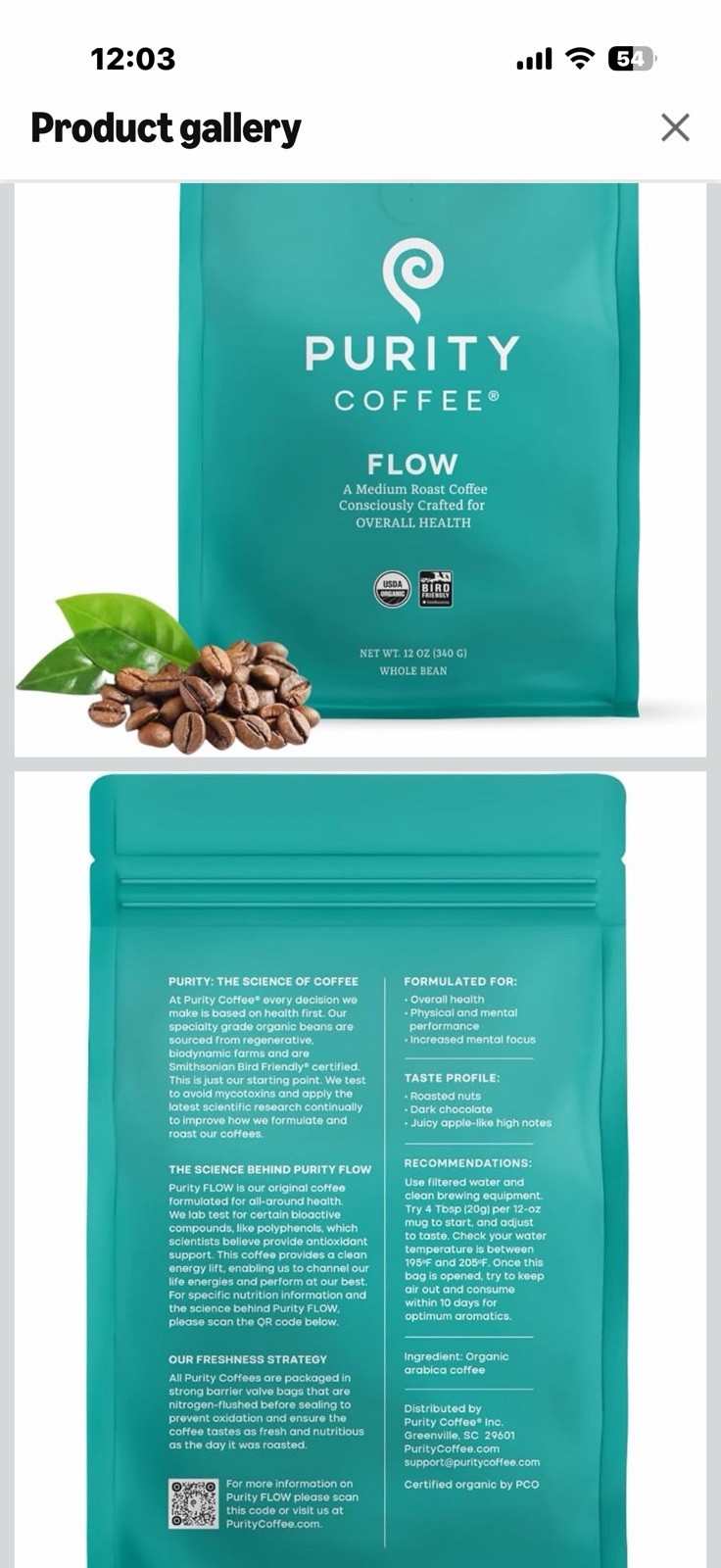 Purity Coffee FLOW Organic Medium Roast Whole Bean Coffee 12 oz USDA Organic