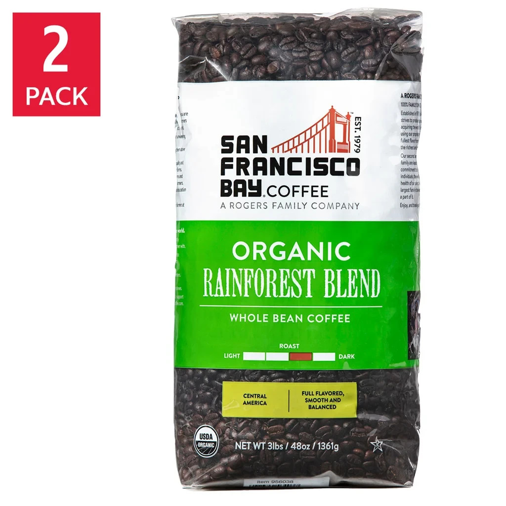 San Francisco Bay Organic Rainforest Blend Whole Bean Coffee 3 lbs, 2-pack 6LB