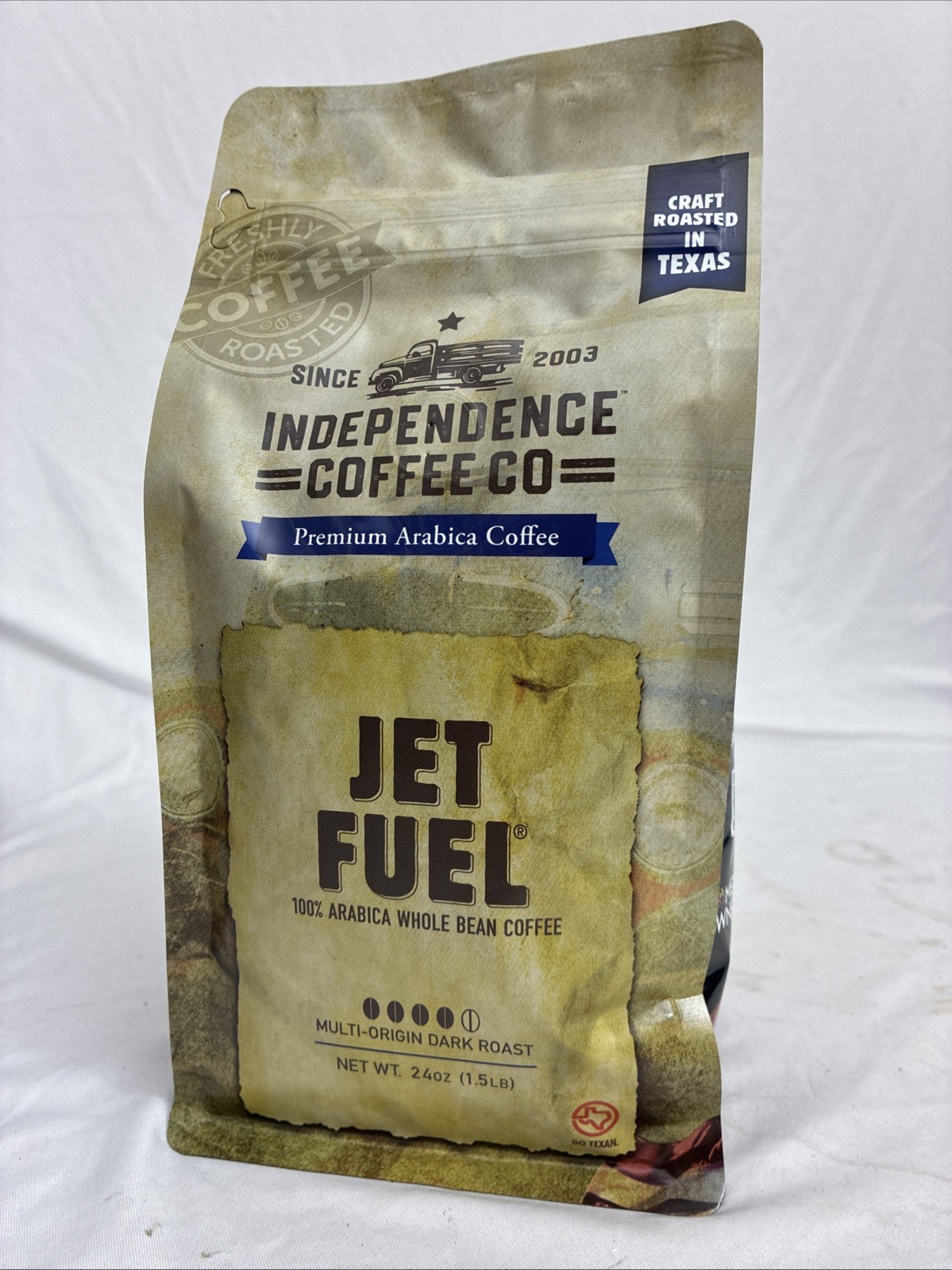 24oz Independence Coffee Co Jet Fuel Whole Bean Coffee. Craft roasted in Texas