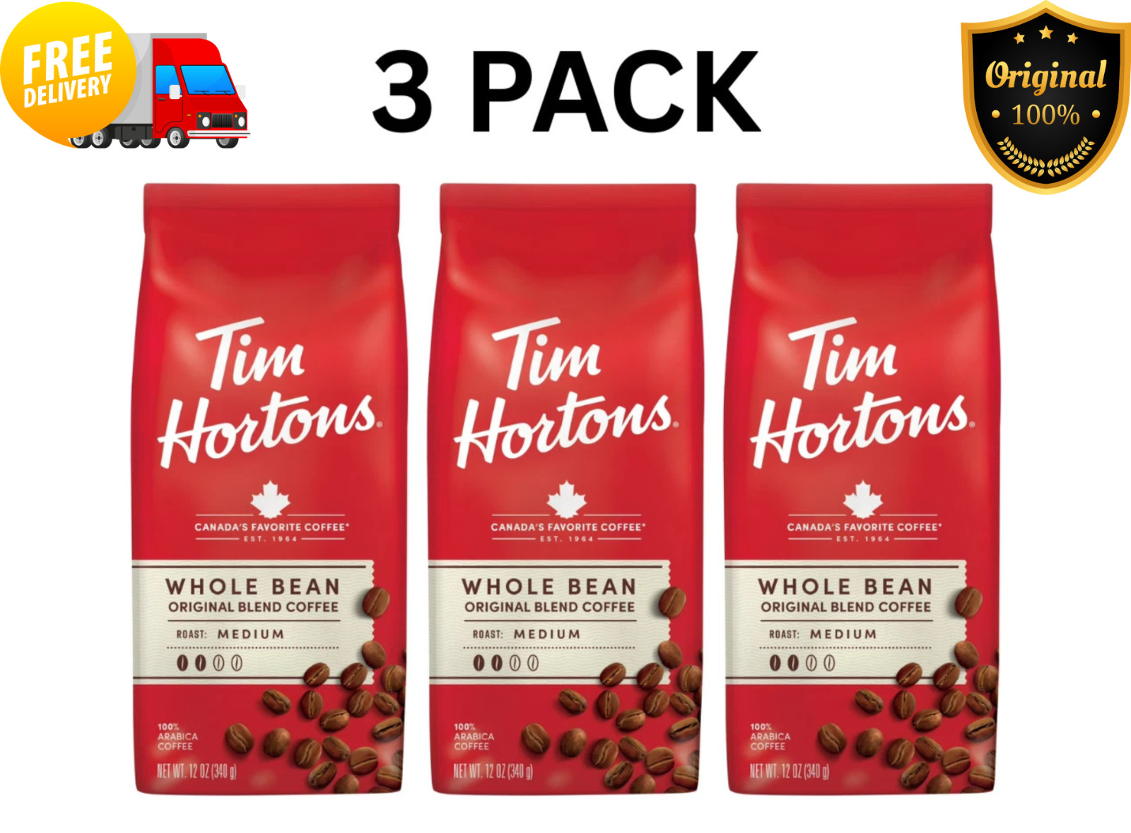Tim Hortons Medium Roast Coffee Beans Whole Bean 12oz Organic Arabica 3 Pack