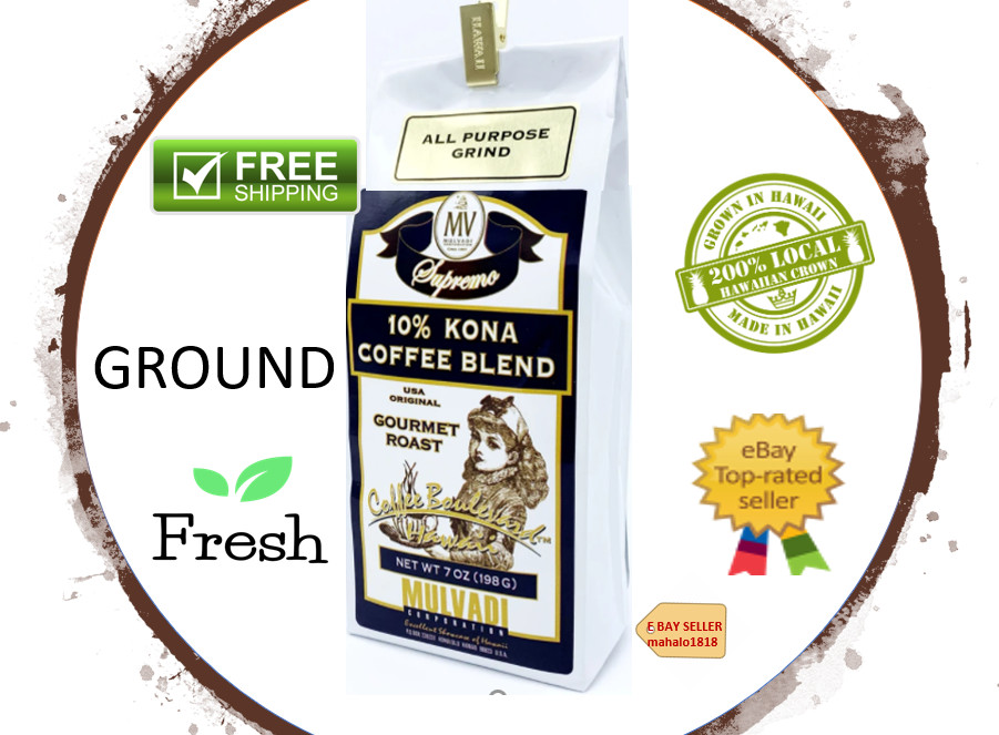 Hawaii Coffee – Mulvadi 10% KONA BLEND COFFEE ALL PURPOSE GRIND – 7oz GROUND