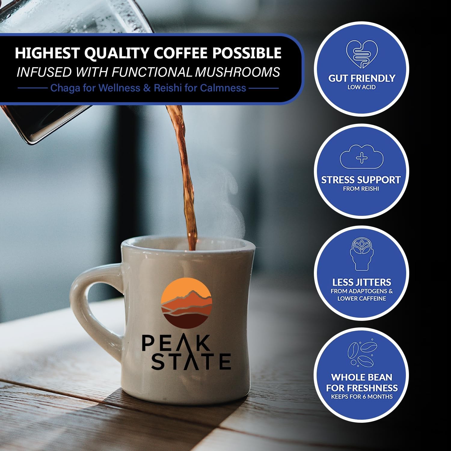 Peak State Coffee with Benefits – Mushroom Coffee Organic Beans – STRESS LESS…