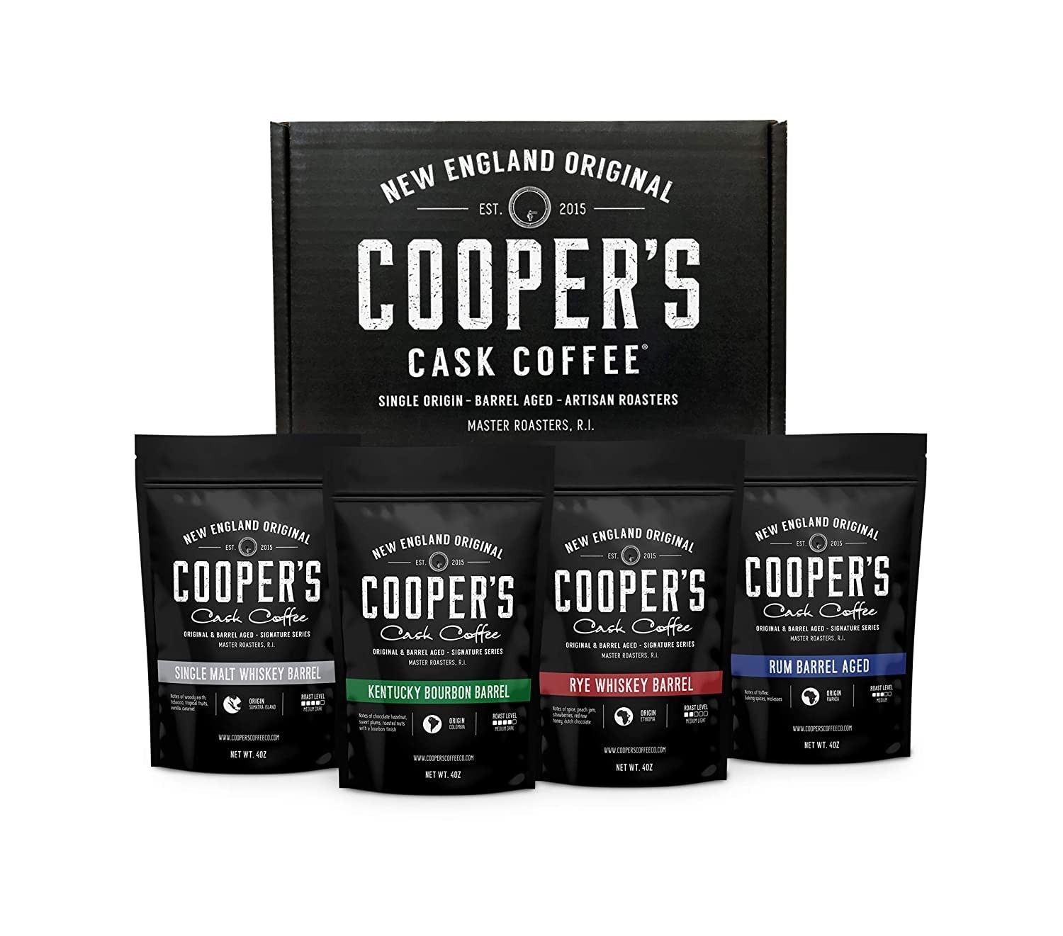 Bourbon Whiskey Barrel Aged Coffee Box Set 4 Bag Sampler Ground 4 OZ Pack 4