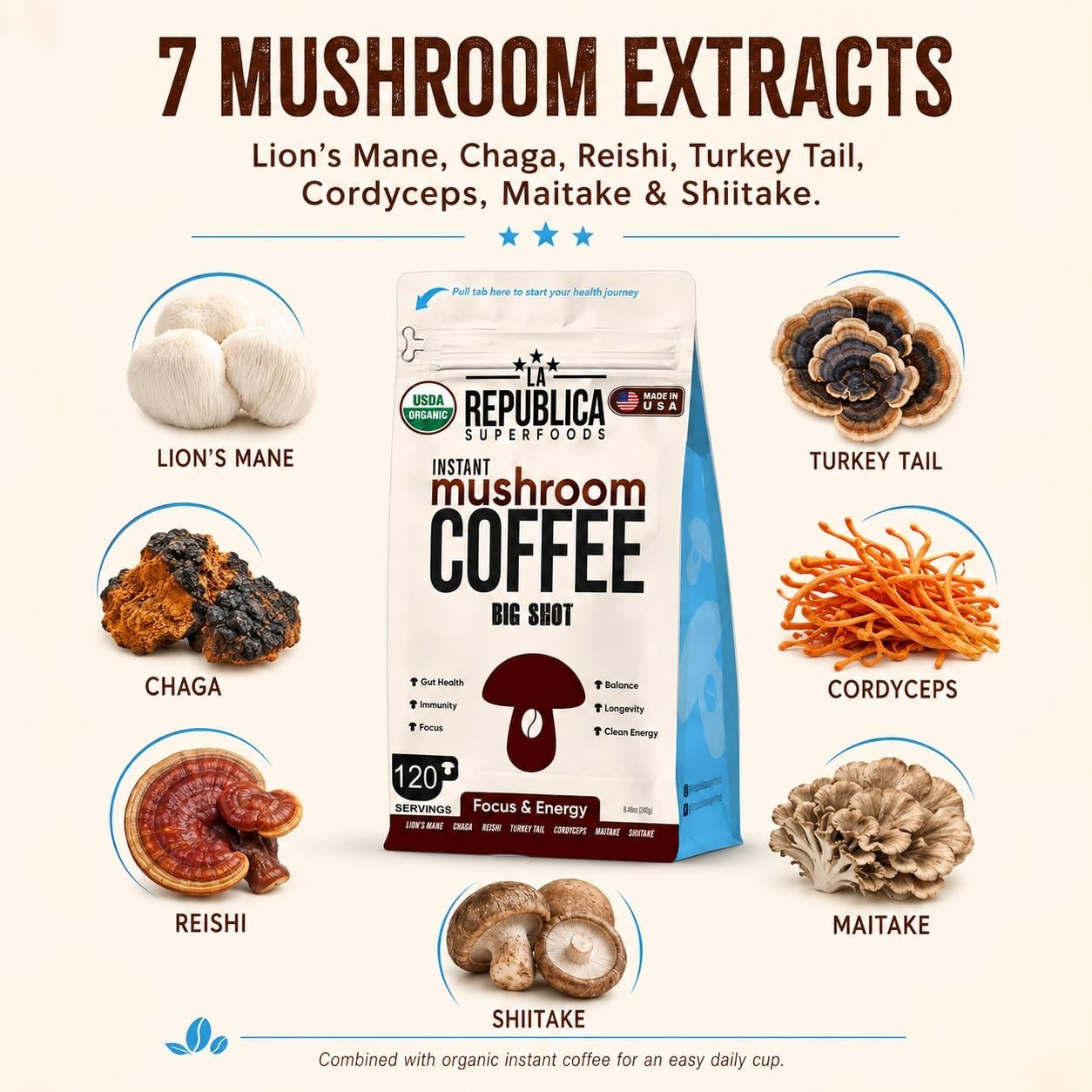 La Republica Organic Instant Mushroom Coffee, 120 Servings