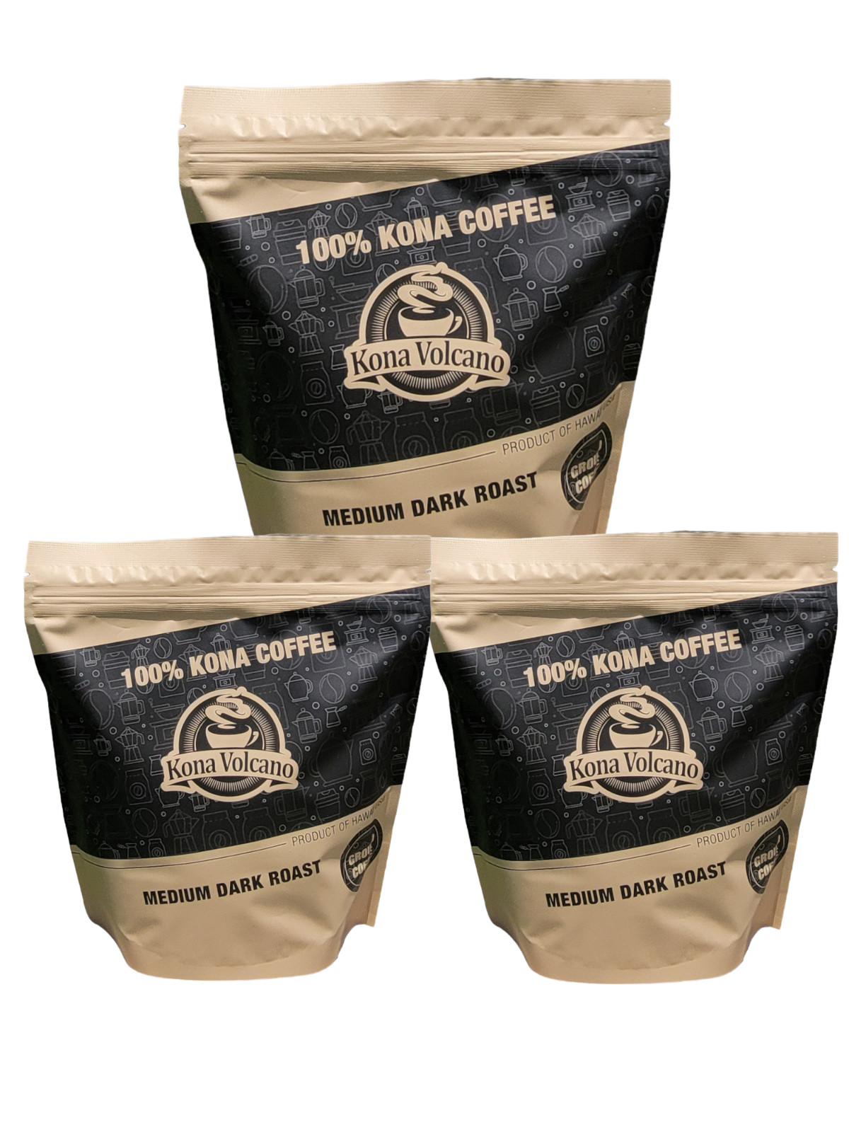 Ground Kona Volcano Medium Dark Roast Coffee 8oz Bag – 3 Pack