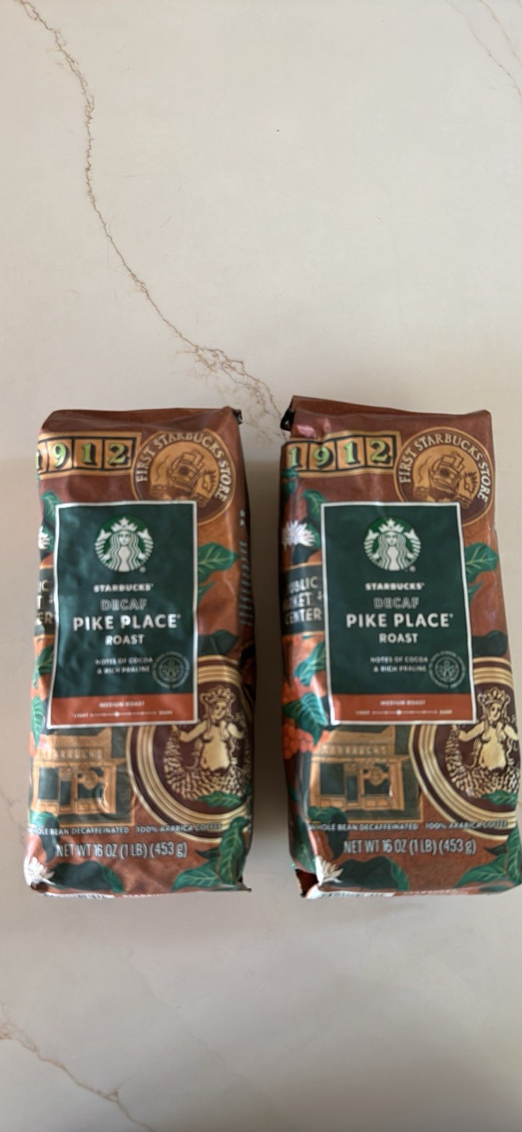 Starbucks Decaf Pike Place Medium Roast Whole Bean Coffee 1lb / 16oz Bag (Qty 2)