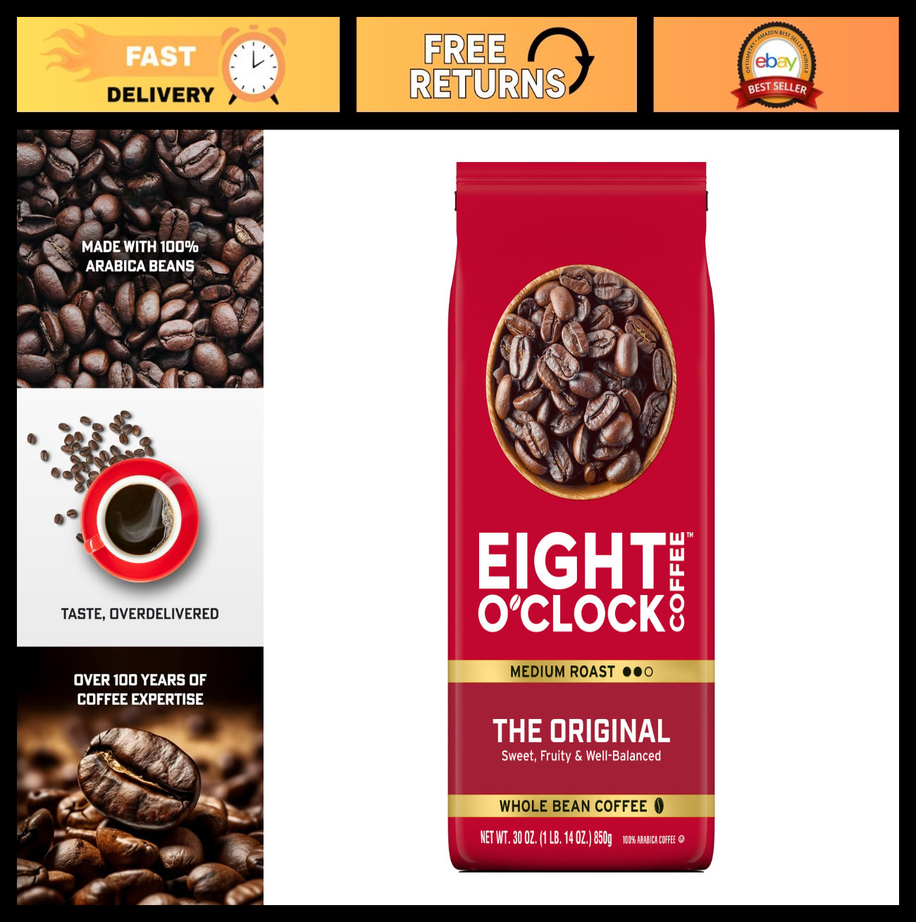 Medium Roast Whole Bean Coffee – Sweet & Fruity, Well Balanced, 30oz Pack