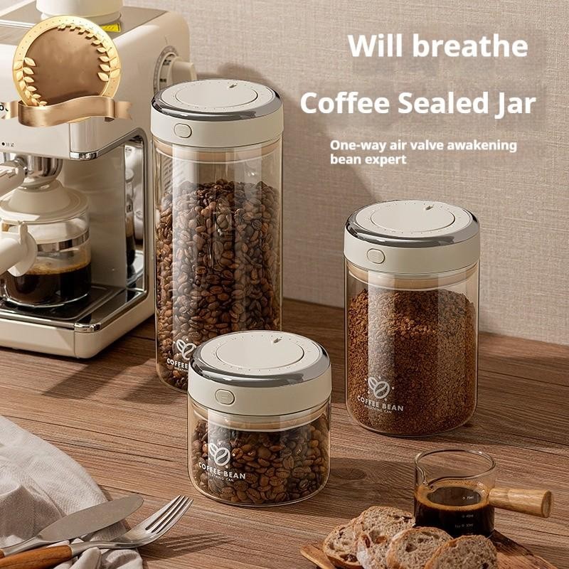 Coffee Bean Sealed Jar with Date Tracker and Waking Bean Valve Vacuum Food Grade