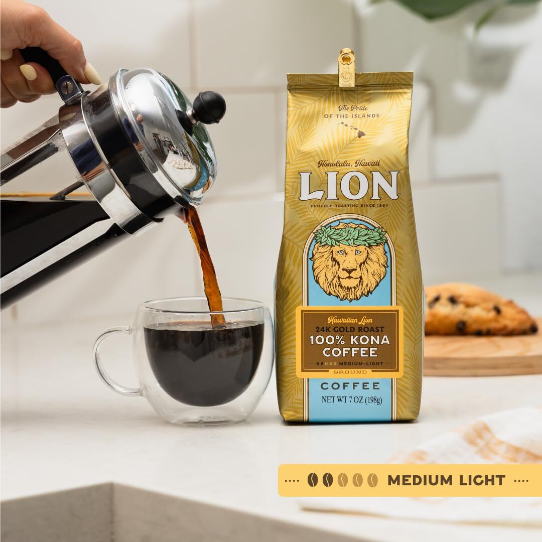 Lion Coffee 100 Kona Coffee 7 Ounce Premium Medium Light Roast Hawaiian Beans