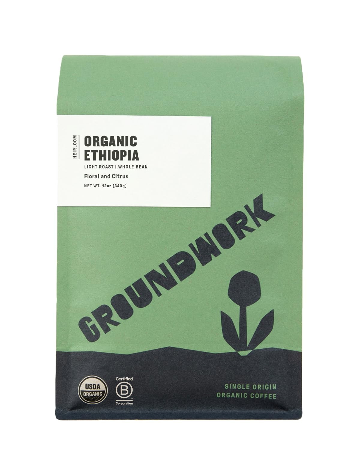 GROUNDWORK Ethiopia Heirloom Blend Whole Bean Coffee Light Roast, 12oz (1-Pack)