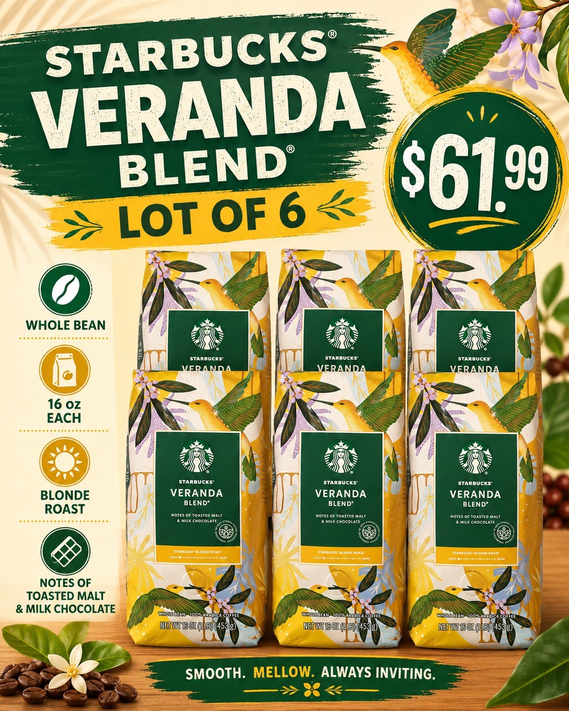 Starbucks Veranda Blend Blonde Roast Whole Bean Coffee 1lb / 16oz / 453g Bag