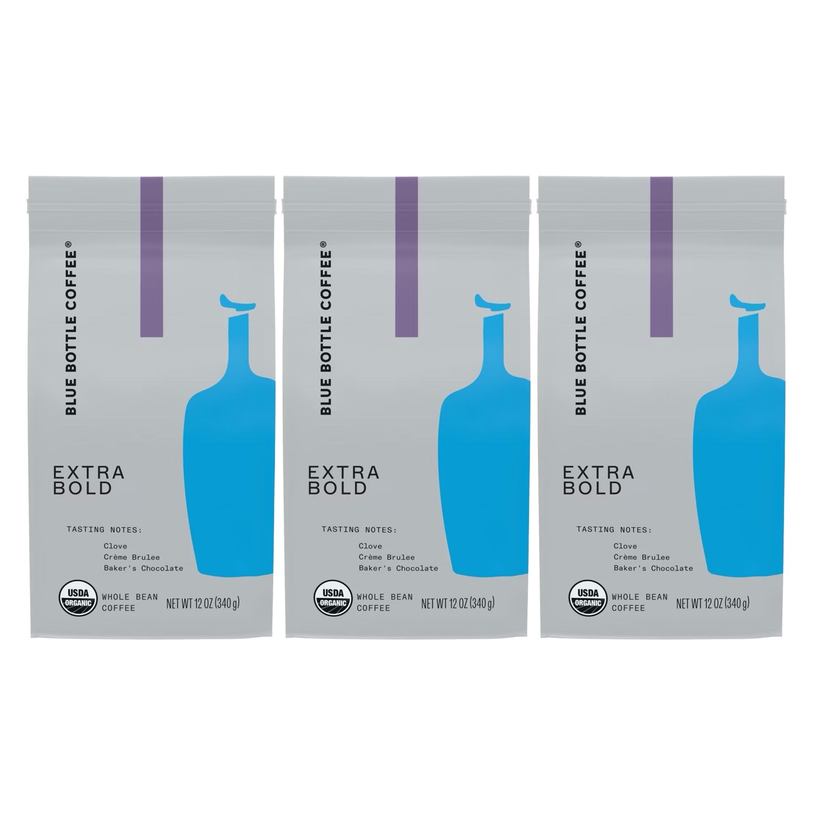 Blue Bottle Whole Bean Organic Coffee EXTRA BOLD, Dark Roast(Set of 3)12 oz/each