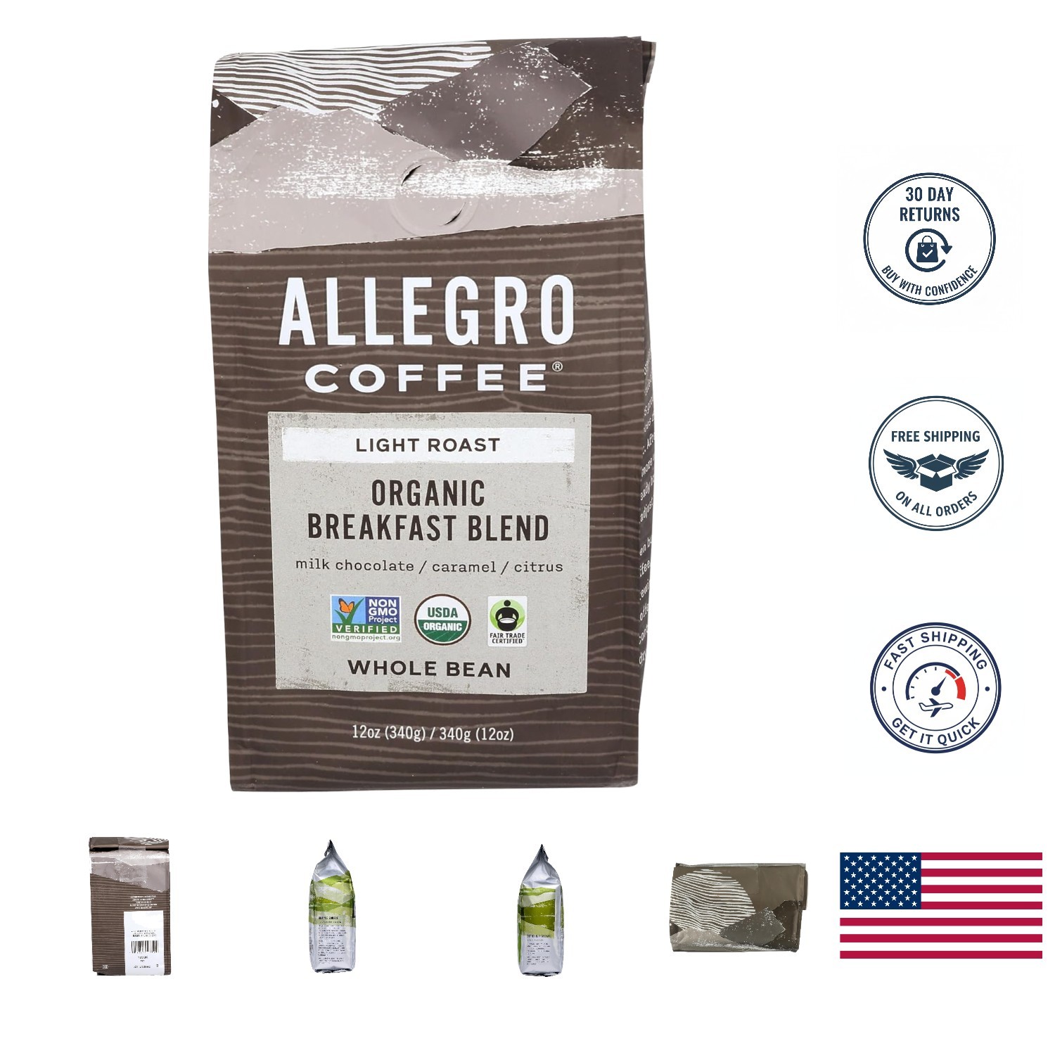 Refreshing Organic Whole Bean Coffee, 12 oz – Caffeinated Light Roast Delight